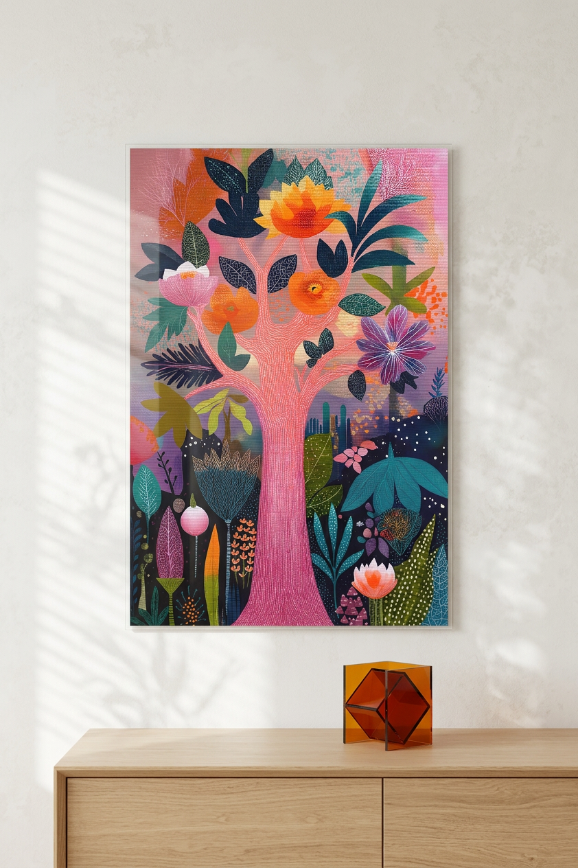 Coral & Teal Blossom Tree Painting | Botanical Style | Sunlit Living Room Decor | Digital Download