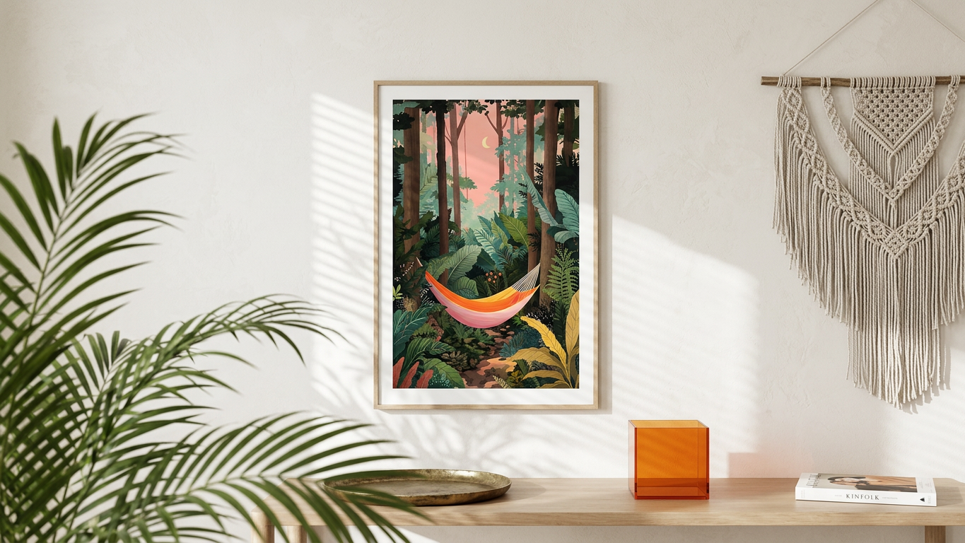 Coral Hammock in Emerald Jungle Painting | Naive Style | Meditation Space Decor | Digital Download,