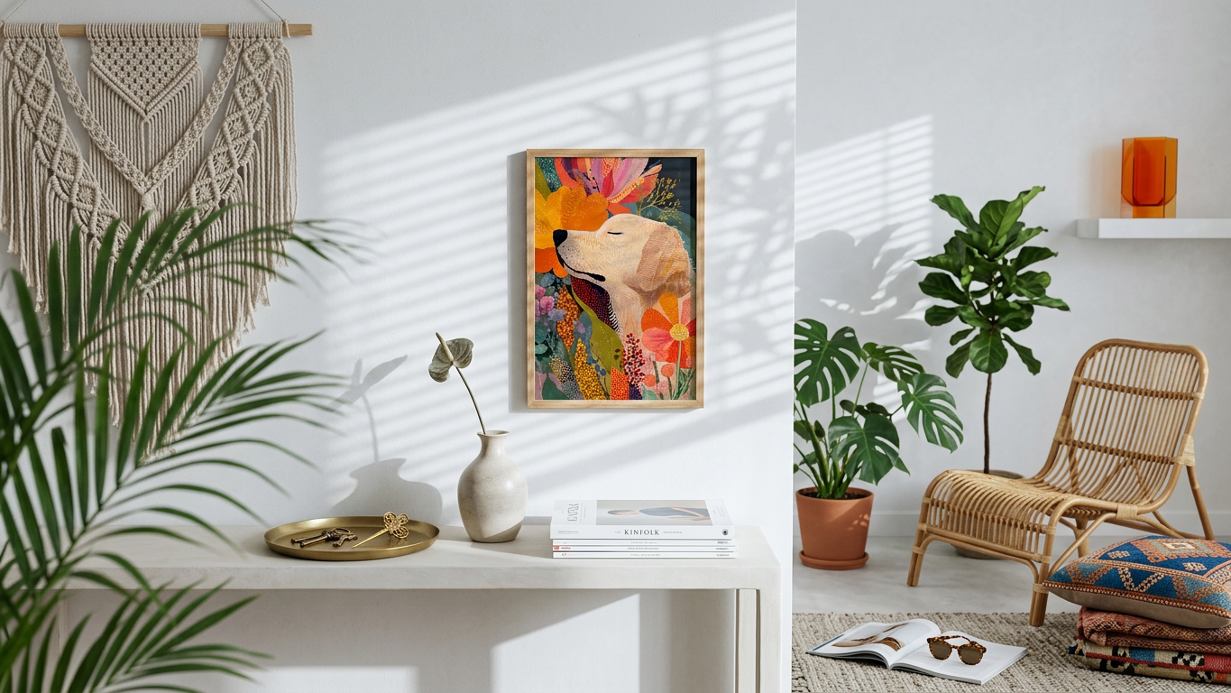 Tangerine & Apricot Golden Retriever Painting | Whimsical Style | Sunlit Living Room Decor | Digital Download