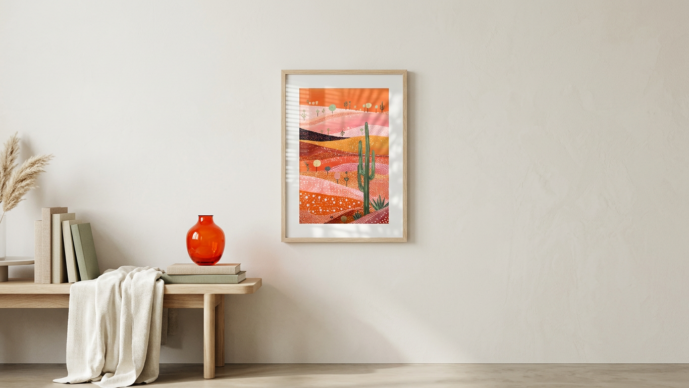 Ochre & Blush Desert Cactus Landscape Painting | Naive Style | Bohemian Living Room Decor | Digital Download