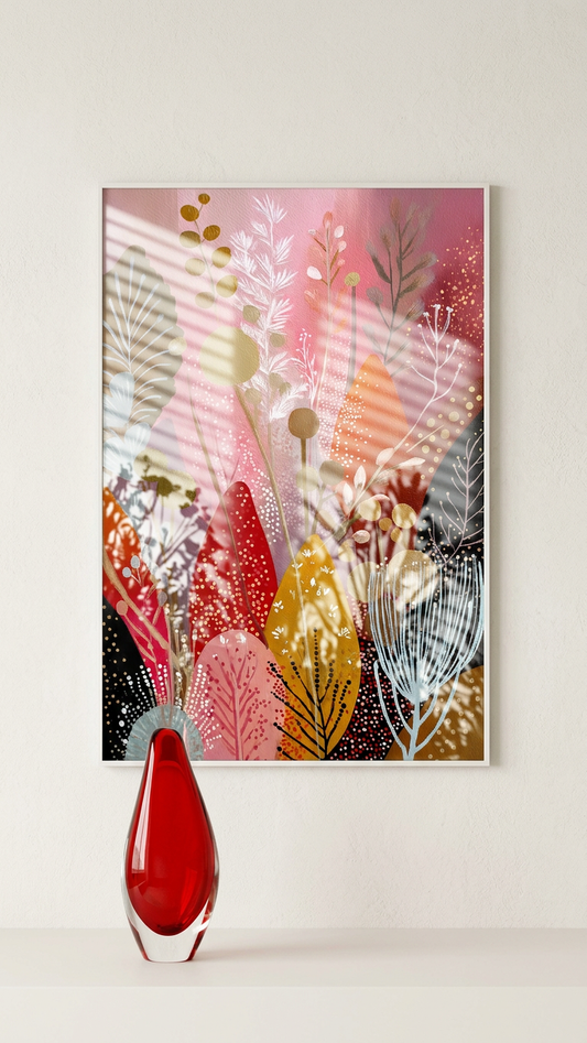 Ethereal & Joyful Abstract Botanical Garden Art | Dusty Rose & Ochre Tones | A daily dose of joy | Gift for Cat Lovers | Digital Download